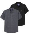 A graphic print on this short-sleeve button-front shirt from Ecko Unltd lends your look a modern edge.