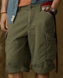 A gritty, military-inspired cargo short is lent laid-back styling with a herringbone weave and striped pocket construction for a look that is relaxed yet rugged. A gritty, military-inspired cargo short is lent laid-back styling with a herringbone weave and striped pocket construction for a look that is relaxed yet rugged.