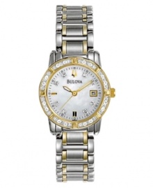 Uncommon elegance. Stainless steel bracelet and case with goldtone accents. Diamond-accented goldtone bezel. White mother-of-pearl dial with logo, date window at 3 o'clock and sparkling diamond accent indexes. Quartz movement. Water resistant to 30 meters. Three-year limited warranty. Uncommon elegance. Stainless steel bracelet and case with goldtone accents. Diamond-accented goldtone bezel. White mother-of-pearl dial with logo, date window at 3 o'clock and sparkling diamond accent indexes. Quartz movement. Water resistant to 30 meters. Three-year limited warranty.