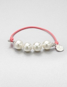 A short strand of four, lustrous pearls on a colorful elastic. Elastic cord10mm round white organic man-made pearlsDiameter, about 3Slip-on styleImported A short strand of four, lustrous pearls on a colorful elastic. Elastic cord10mm round white organic man-made pearlsDiameter, about 3Slip-on styleImported