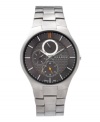 Masterfully crafted in Sweden, this multi-function Skagen Denmark watch is designed to outlast the rest. Titanium link bracelet and round case. Gray dial with edgy pattern at inner dial features orange and white stick indices, luminous hands, three orange-accented subdials and logo. Quartz movement. Water resistant to 30 meters. Limited lifetime warranty.