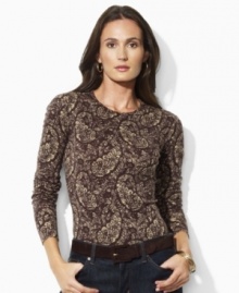 A vibrant paisley print enlivens the essential long sleeved cotton jersey tee from Lauren by Ralph Lauren, with a feminine crew neckline for modern sophistication. A vibrant paisley print enlivens the essential long sleeved cotton jersey tee from Lauren by Ralph Lauren, with a feminine crew neckline for modern sophistication.