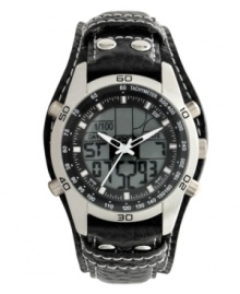 Walk on the edge with this built-to-impress watch by Unlisted. Black leather cuff strap with contrast stitching and round silver tone mixed metal case. Positive display digital dial features tachymeter scale, day, date and time and three white hands for analog timekeeping. Quartz movement. Splash resistant. Two-year limited warranty. Walk on the edge with this built-to-impress watch by Unlisted. Black leather cuff strap with contrast stitching and round silver tone mixed metal case. Positive display digital dial features tachymeter scale, day, date and time and three white hands for analog timekeeping. Quartz movement. Splash resistant. Two-year limited warranty.