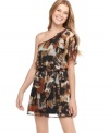 Warm hues anchor an abstract print in this sweet, one-shoulder dress from Fire! Dress it up with heels for a dinner outfit that's earthy and chic!