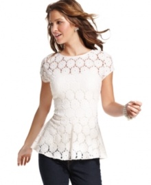 Adorable details abound on this top from Eyeshadow, from the super-pretty lace design to the feminine peplum hem! Adorable details abound on this top from Eyeshadow, from the super-pretty lace design to the feminine peplum hem!