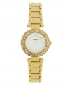 Gilded and gleaming. Make a sophisticated statement with this petite watch by Style&co. Gold-plated mixed metal bracelet and round case. Bezel embellished with crystal accents. Mother-of-pearl dial features applied gold tone numerals at twelve, three, six and nine o'clock, stick indices, three hands and logo. Quartz movement. Splash resistant. Two-year limited warranty.