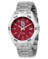 Show your St. Louis Cardinals loyalty every second of the day with this signature team watch from Fossil. Stainless steel bracelet and round case. Bezel embossed with black numerals. Red striped dial features St. Louis Cardinals logo, silver tone stick indices, luminous hands and date window at three o'clock. Quartz movement. Water resistant to 50 meters. Eleven-year limited warranty.