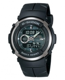 A colored dial brightens up this sporty style. With black resin band, countdown timer, stopwatch, 27-city world time, hourly time signal, backlight with afterglow and 5 alarms. Water resistant up to 200 meters. Shock resistant. A colored dial brightens up this sporty style. With black resin band, countdown timer, stopwatch, 27-city world time, hourly time signal, backlight with afterglow and 5 alarms. Water resistant up to 200 meters. Shock resistant.