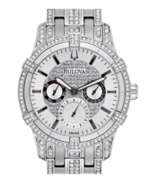 Luxury and nothing less. Crystal-bedecked watch by Bulova crafted of stainless steel bracelet and round case embellished with 164 crystal accents. White dial with crystal-accented inner dial features applied silver tone stick indices, black minute track, three multifunctional subdials, two luminous hands and logo. Quartz movement. Water resistant to 30 meters. Three-year limited warranty. Luxury and nothing less. Crystal-bedecked watch by Bulova crafted of stainless steel bracelet and round case embellished with 164 crystal accents. White dial with crystal-accented inner dial features applied silver tone stick indices, black minute track, three multifunctional subdials, two luminous hands and logo. Quartz movement. Water resistant to 30 meters. Three-year limited warranty.