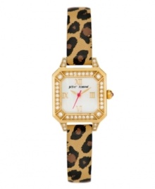 Show off your wild side with this fierce watch by the one and only Betsey Johnson. Brown and black leopard print leather strap and square gold tone stainless steel case. Bezel embellished with crystal accents. White mother-of-pearl dial features gold tone Roman numerals at twelve, three, six and nine o'clock, gold tone hour and minute hands, fuchsia second hand and logo. Quartz movement. Water resistant to 30 meters. Two-year limited warranty. Show off your wild side with this fierce watch by the one and only Betsey Johnson. Brown and black leopard print leather strap and square gold tone stainless steel case. Bezel embellished with crystal accents. White mother-of-pearl dial features gold tone Roman numerals at twelve, three, six and nine o'clock, gold tone hour and minute hands, fuchsia second hand and logo. Quartz movement. Water resistant to 30 meters. Two-year limited warranty.