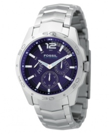 A subtly nautical-inspired style from Fossil, this men's watch is a sophisticated look for an on-the-go lifestyle. Silvertone stainless steel bracelet and round case. Navy dial with logo, three subdials and stick indices. Quartz movement. Water resistant to 100 meters. 11-year limited warranty. A subtly nautical-inspired style from Fossil, this men's watch is a sophisticated look for an on-the-go lifestyle. Silvertone stainless steel bracelet and round case. Navy dial with logo, three subdials and stick indices. Quartz movement. Water resistant to 100 meters. 11-year limited warranty.