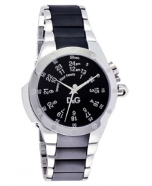It's a numbers game with this D&G watch featuring a black rubber and stainless steel bracelet and round case. Black dial with silvertone numerals and logo. Analog movement. Water resistant to 50 meters. Two-year limited warranty. It's a numbers game with this D&G watch featuring a black rubber and stainless steel bracelet and round case. Black dial with silvertone numerals and logo. Analog movement. Water resistant to 50 meters. Two-year limited warranty.