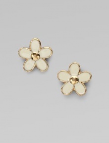 A sweet, delicate floral design to adorn the ears.Epoxy Plated brass Diameter, about ½ 14K gold filled post backs Imported 
