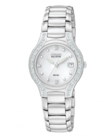 Lovely curves and luminous diamond accents are stunning on this Eco-Drive Modena watch by Citizen. Lovely curves and luminous diamond accents are stunning on this Eco-Drive Modena watch by Citizen.