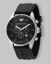 Sporty and handsome at once with a black chronograph dial and easy rubber strap. Water resistant to 5 ATM Date function at 4:30 Second hand Stainless steel case: 43mm Imported