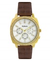 Embrace elegance with this sparkling watch by Style&co. Brown croc-embossed leather strap and round gold tone mixed metal case. Bezel embellished with crystal accents. White mother-of-pearl dial features crystal accent markers, three multifunctional subdials, three gold tone hands and logo. Quartz movement. Splash resistant. Two-year limited warranty.