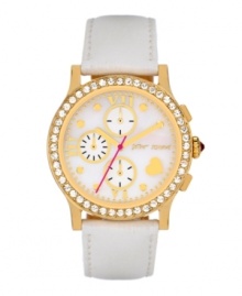 Never miss an opportunity to shine. Betsey Johnson doesn't on this watch crafted of a white leather strap and round gold tone stainless steel case. Bezel embellished with crystal accents. White mother-of-pearl chronograph dial features gold tone dot markers, Roman numerals, three subdials, heart at four o'clock, gold tone hour and minute hands, signature fuchsia second hand and logo. Quartz movement. Water resistant to 30 meters. Two-year limited warranty. Never miss an opportunity to shine. Betsey Johnson doesn't on this watch crafted of a white leather strap and round gold tone stainless steel case. Bezel embellished with crystal accents. White mother-of-pearl chronograph dial features gold tone dot markers, Roman numerals, three subdials, heart at four o'clock, gold tone hour and minute hands, signature fuchsia second hand and logo. Quartz movement. Water resistant to 30 meters. Two-year limited warranty.