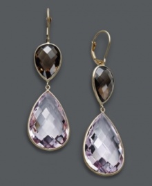 Aesthetically alluring. Turn heads in double drops of shimmer, including pear-cut pink amethyst (34-1/2 ct. t.w.) and smokey quartz (9 ct. t.w.). Set in 14k gold. Approximate drop: 2 inches.