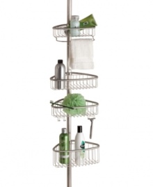 Positive tension. Keep all your bath and shower essentials organized and within reach with Interdesign's Tension Forma caddy. Boasting four positional baskets with hooks for razors and a rack perfect for your washcloth, this helpful tower frees up space where needed most. Choose from two finishes.