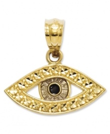 Someone's watching you! This evil eye charm will bring you good luck and protection. Crafted in 14k gold with a black enamel eye. Chain not included. Approximate length: 3/5 inch. Approximate width: 1/2 inch. Someone's watching you! This evil eye charm will bring you good luck and protection. Crafted in 14k gold with a black enamel eye. Chain not included. Approximate length: 3/5 inch. Approximate width: 1/2 inch.