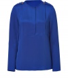 Inject regal sophistication into your outfit with Derek Lams immaculate sapphire silk top -  Collarless, long sleeves, epaulettes with gold-toned hardware detail, hidden partial front button placket - Loosely fitted - Wear with leather leggings, heels and an envelope clutch