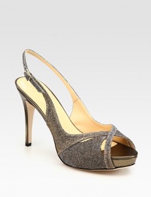 Sparkling and supremely comfortable, this metallic fabric silhouette has an adjustable slingback strap and metallic leather trim. Metallic leather heel, 4 (100mm)Covered platform, 1 (25mm)Compares to a 3 heel (75mm)Metallic fabric and metallic leather upperLeather lining and solePadded insoleMade in ItalyOUR FIT MODEL RECOMMENDS ordering true size. Sparkling and supremely comfortable, this metallic fabric silhouette has an adjustable slingback strap and metallic leather trim. Metallic leather heel, 4 (100mm)Covered platform, 1 (25mm)Compares to a 3 heel (75mm)Metallic fabric and metallic leather upperLeather lining and solePadded insoleMade in ItalyOUR FIT MODEL RECOMMENDS ordering true size.