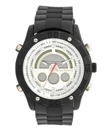 Meet any challenge with this strapping watch by Unlisted. Black rubber and plastic strap and round black-plated mixed metal case. White dial features tachymeter scale, stick indices, digital subdials, luminous hour and minute hands and red second hand. Quartz movement. Splash resistant. Two-year limited warranty. Meet any challenge with this strapping watch by Unlisted. Black rubber and plastic strap and round black-plated mixed metal case. White dial features tachymeter scale, stick indices, digital subdials, luminous hour and minute hands and red second hand. Quartz movement. Splash resistant. Two-year limited warranty.