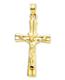 Inspire your look with a little faith. This intricate crucifix charm features a diamond-cut, reversible design. Crafted in 14k gold. Chain not included. Approximate length: 1 inch. Approximate width: 6/10 inch.