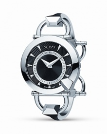 From the Chiodo Collection, Gucci times it right. Stainless steel case with black helical dial and a steel bangle. Jewelry clasp. From the Chiodo Collection, Gucci times it right. Stainless steel case with black helical dial and a steel bangle. Jewelry clasp.
