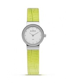 Add a sleek shot of color to your look with this watch from Skagen. Accented by a bold yellow leather band, it boasts an understated silhouette and advanced Japanese quartz movement for the perfect fusion of form and function. Add a sleek shot of color to your look with this watch from Skagen. Accented by a bold yellow leather band, it boasts an understated silhouette and advanced Japanese quartz movement for the perfect fusion of form and function.