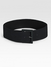 Accentuate your waist with this flattering stretch belt finished with a sleek Bakelite buckle.3W X 32L50% wool/49% rayon/1% spandexMade in USA of Italian fabric Accentuate your waist with this flattering stretch belt finished with a sleek Bakelite buckle.3W X 32L50% wool/49% rayon/1% spandexMade in USA of Italian fabric