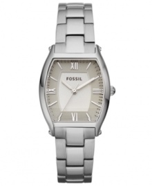 Brushed stainless steel and a unique barrel case define this Wallace collection watch by Fossil. Brushed stainless steel and a unique barrel case define this Wallace collection watch by Fossil.