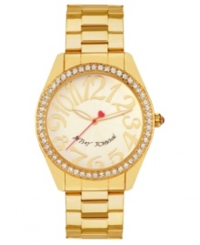 Fashion you can count on. This Betsey Johnson watch showcases crystal accents and large numerals at the dial.