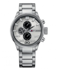 Mission accomplished. This watch by Tommy Hilfiger is ready for action. Stainless steel bracelet and round case. Silver tone dial features applied stick indices and numerals, minute track, date window at three o'clock, three black multifunctional subdials, three hands and logo. Quartz movement. Water resistant to 50 meters. Ten-year limited warranty. Mission accomplished. This watch by Tommy Hilfiger is ready for action. Stainless steel bracelet and round case. Silver tone dial features applied stick indices and numerals, minute track, date window at three o'clock, three black multifunctional subdials, three hands and logo. Quartz movement. Water resistant to 50 meters. Ten-year limited warranty.