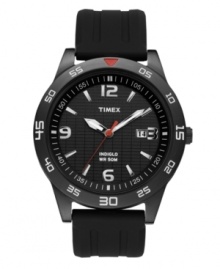 Red accents add a burst of energy to this smart watch by Timex. Black resin strap and round brushed gunmetal mixed metal case. Black dial features applied silver tone numerals at twelve, three, six and nine o'clock, stick indices, minute track, date window at three o'clock, luminous hour and minute hands, red second hand and logo. Quartz movement. Water resistant to 50 meters. One-year limited warranty. Red accents add a burst of energy to this smart watch by Timex. Black resin strap and round brushed gunmetal mixed metal case. Black dial features applied silver tone numerals at twelve, three, six and nine o'clock, stick indices, minute track, date window at three o'clock, luminous hour and minute hands, red second hand and logo. Quartz movement. Water resistant to 50 meters. One-year limited warranty.