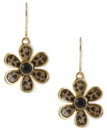 Call of the wild. Betsey Johnson's flower earrings are designed with leopard details and finished with a black-colored crystal accent at the center. Crafted in antiqued gold tone mixed metal. Approximate drop: 1-5/8 inches. Call of the wild. Betsey Johnson's flower earrings are designed with leopard details and finished with a black-colored crystal accent at the center. Crafted in antiqued gold tone mixed metal. Approximate drop: 1-5/8 inches.