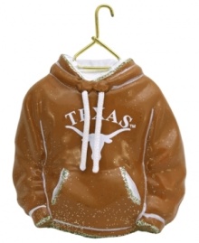 Fitting for Texas alum, this hand-painted hoodie ornament trims the tree in classic Longhorns colors. Glitter amps up the school and holiday spirit.