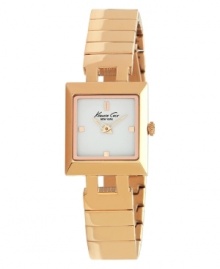 Kenneth Cole New York achieves understated opulence with this delicate, rosy watch. Rose gold-plated stainless steel bracelet and square case. Clean white dial features applied gold tone markers at twelve, three, six and nine o'clock, two hands and black logo. Quartz movement. Water resistant to 30 meters. Limited lifetime warranty.