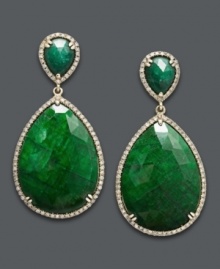 Get ready for a fiesta. These head-turning earrings features teardrop-shaped dyed-green corundum sapphires (65 ct. t.w.) surrounded by round-cut diamonds (3/4 c.t. t.w.). Set in 14k gold. Stones are from Brazil. Get ready for a fiesta. These head-turning earrings features teardrop-shaped dyed-green corundum sapphires (65 ct. t.w.) surrounded by round-cut diamonds (3/4 c.t. t.w.). Set in 14k gold. Stones are from Brazil.