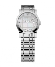 This Burberry watch features a stainless steel bracelet and round case. Check etched dial with logo, diamond accent markers, date window and two hands. Swiss made. Swiss movement. Water resistant to 50 meters. Two-year limited warranty. This Burberry watch features a stainless steel bracelet and round case. Check etched dial with logo, diamond accent markers, date window and two hands. Swiss made. Swiss movement. Water resistant to 50 meters. Two-year limited warranty.