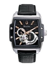 Perfection in every detail. Watch by Bulova crafted of black croc-embossed leather strap and square stainless steel case with black bezel. Black grid-patterned dial features applied rose-gold tone stick indices, two rose-gold tone hands, three subdials and logo. Automatic movement. Water resistant to 30 meters. Three-year limited warranty. Perfection in every detail. Watch by Bulova crafted of black croc-embossed leather strap and square stainless steel case with black bezel. Black grid-patterned dial features applied rose-gold tone stick indices, two rose-gold tone hands, three subdials and logo. Automatic movement. Water resistant to 30 meters. Three-year limited warranty.