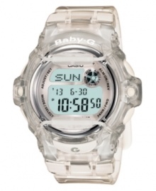 Clearly chic, this Baby-G watch will add to your style, anytime. Clear resin strap and round case. Shock-resistant, digital display dial with backlight, world time, counter, alarms, countdown, stopwatch, calendar and logo. Quartz movement. Water resistant to 200 meters. One-year limited warranty. Clearly chic, this Baby-G watch will add to your style, anytime. Clear resin strap and round case. Shock-resistant, digital display dial with backlight, world time, counter, alarms, countdown, stopwatch, calendar and logo. Quartz movement. Water resistant to 200 meters. One-year limited warranty.