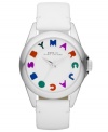 Flirty color makes a name for itself with this Marc by Marc Jacobs timepiece. Crafted of white patent leather strap and round stainless steel case. White dial features cut-out multicolor text logo at hour markers, silver tone three hands and logo at twelve o'clock. Quartz movement. Water resistant to 50 meters. Two-year limited warranty.