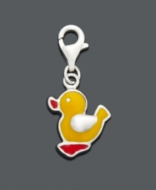 This fabulous duck charm will put the waddle back in your step. The perfect baby shower gift, charm features a yellow and orange duck with a cubic zirconia accent. Crafted in sterling silver. Lobster claw clasp. Approximate drop: 1/2 inch. This fabulous duck charm will put the waddle back in your step. The perfect baby shower gift, charm features a yellow and orange duck with a cubic zirconia accent. Crafted in sterling silver. Lobster claw clasp. Approximate drop: 1/2 inch.