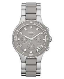 Warm grays and chronograph classicism lend this DKNY watch a daring edge. Warm grays and chronograph classicism lend this DKNY watch a daring edge.