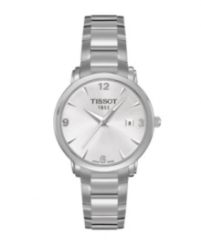 Less is more. Tissot's beautifully uncomplicated Everytime watch design makes a statement on its own.Stainless steel bracelet and round case. Simple silvertone dial features numerals at twelve, three, six and nine o'clock, date window at three o'clock, and black logo. Swiss movement. Water resistant to 30 meters. Two-year limited warranty. Less is more. Tissot's beautifully uncomplicated Everytime watch design makes a statement on its own.Stainless steel bracelet and round case. Simple silvertone dial features numerals at twelve, three, six and nine o'clock, date window at three o'clock, and black logo. Swiss movement. Water resistant to 30 meters. Two-year limited warranty.