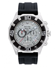 Take sport style to the next level with Bulova's Marine Star watch. Black polyurethane strap and round stainless steel case. Black bezel with white numerals. Textured gray chronograph dial features applied luminous silver tone stick indices, tachymeter scale, date window, three subidal, luminous hands and logo. Quartz movement. Water resistant to 100 meters. Three-year limited warranty. Take sport style to the next level with Bulova's Marine Star watch. Black polyurethane strap and round stainless steel case. Black bezel with white numerals. Textured gray chronograph dial features applied luminous silver tone stick indices, tachymeter scale, date window, three subidal, luminous hands and logo. Quartz movement. Water resistant to 100 meters. Three-year limited warranty.