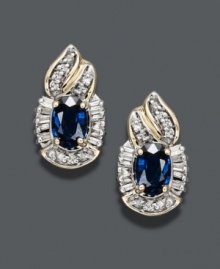 Add special flair to your look in stunning sapphires (1-3/8 ct. t.w.). These oval-shaped beauties shine in an exquisite 14k gold setting decorated with round and baguette-cut diamonds (1/4 ct. t.w.). Approximate diameter: 1/2 inch.