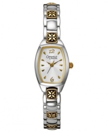 Rich details adorn this beautiful watch from Caravelle by Bulova, including floral engraved brackets crafted with antique charm. Two-tone mixed metal bracelet and cushion-shaped case. Cushion-shaped white dial with logo and stick indices. Quartz movement. Moisture resistant. Two-year limited warranty. Rich details adorn this beautiful watch from Caravelle by Bulova, including floral engraved brackets crafted with antique charm. Two-tone mixed metal bracelet and cushion-shaped case. Cushion-shaped white dial with logo and stick indices. Quartz movement. Moisture resistant. Two-year limited warranty.