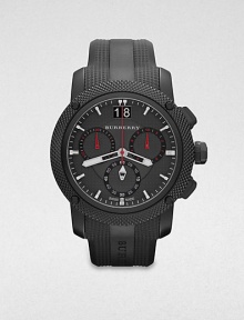 A technical timepiece in brushed and polished black ion-plated stainless steel and sporty rubber. Quartz movementWater resistant to 5 ATMRound black ion-plated stainless steel case, 46mm (1.8)Textured bezelGunmetal-finished chronograph dialBar hour markersDate display at 12 o'clockSecond hand Logo accented rubber strapMade in Switzerland A technical timepiece in brushed and polished black ion-plated stainless steel and sporty rubber. Quartz movementWater resistant to 5 ATMRound black ion-plated stainless steel case, 46mm (1.8)Textured bezelGunmetal-finished chronograph dialBar hour markersDate display at 12 o'clockSecond hand Logo accented rubber strapMade in Switzerland